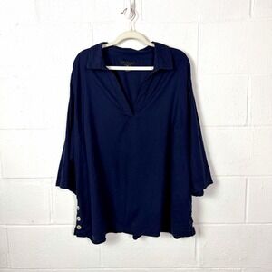 Tahari Linen Blend Popover Tunic Plus Size 2X Blue Minimalist Travel Lagenlook